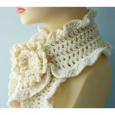 Crocheted Ruffle Scarf with Scarf Pin, Ruffled Scarf, Woman's Neck Scarf - image1